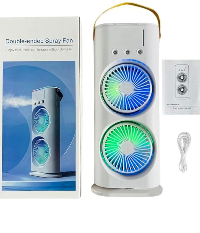 Mini Air Coller Fan, Double-Ended Spray Cooling Fan With Mist Humidifier | Rechargeable USB FAN | 3 Speeds, 7 Color LED Light, Remote Control | Mini Fan - WHITE